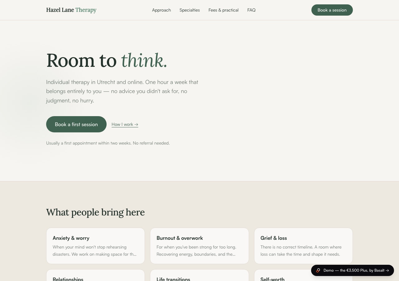 Screenshot of the Hazel Lane Therapy demo site