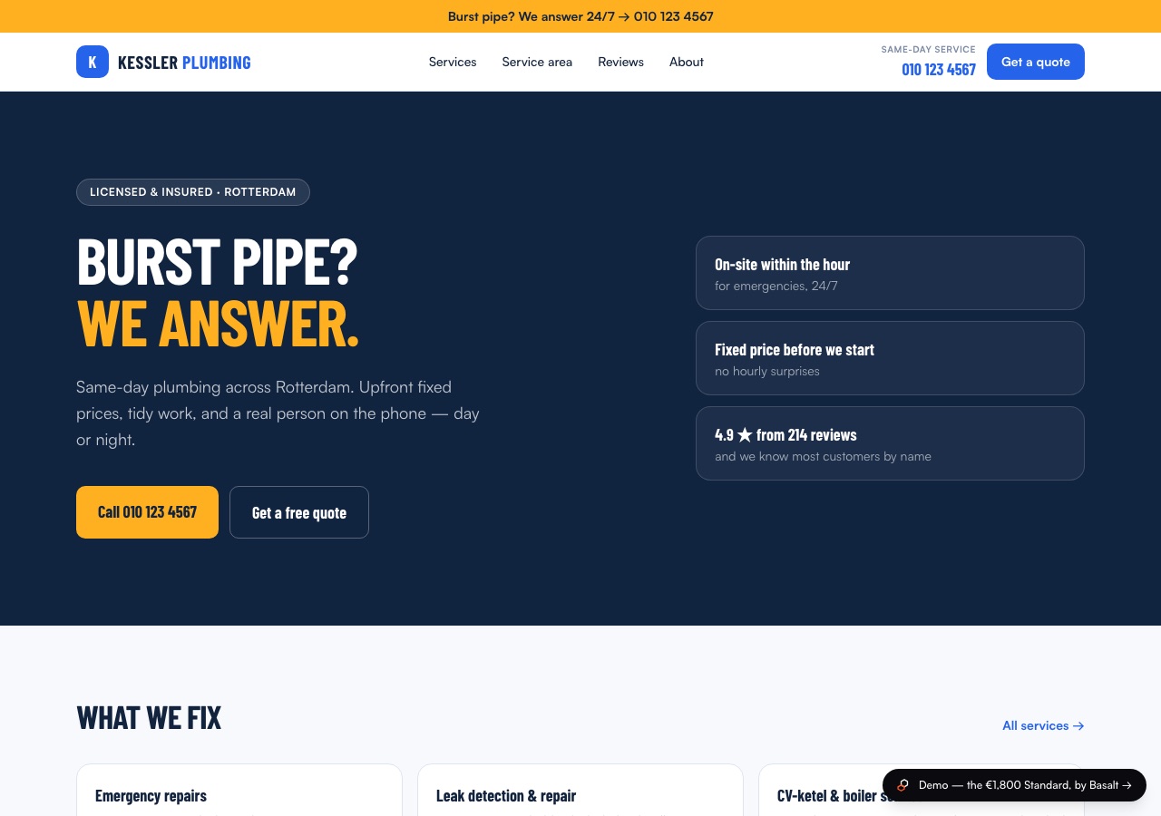 Screenshot of the Kessler Plumbing demo site